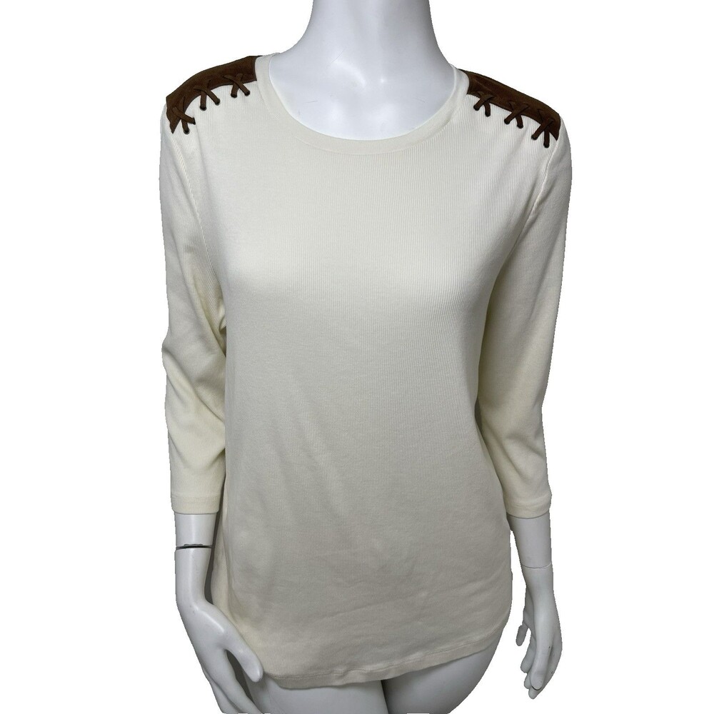 Lauren Ralph Lauren Ribbed Knit Top Plus Size 1X Cream Suede Shoulder Basic